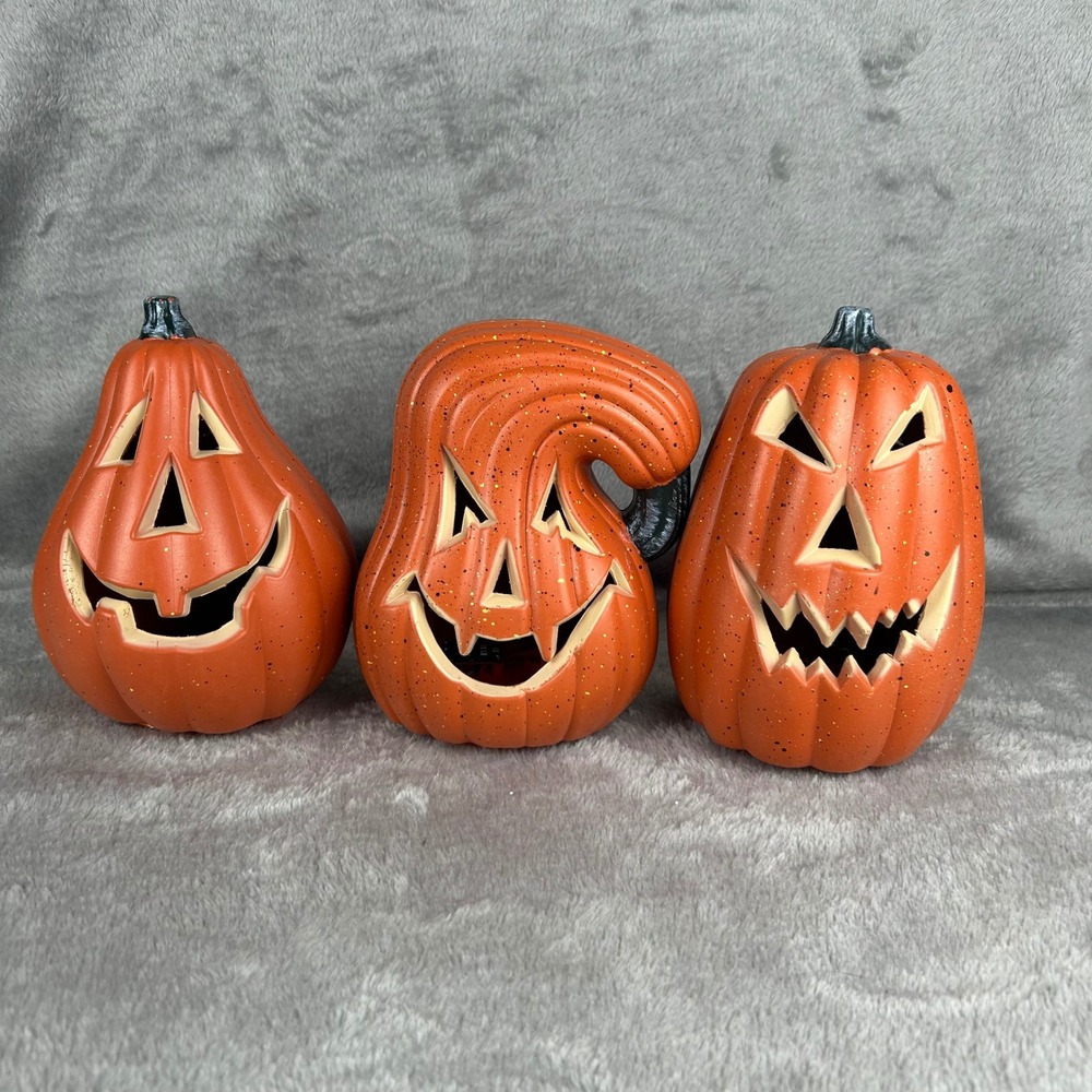 Set of 3 Orange Resin Jack-O-Lantern Halloween Pumpkins Decor Parts Only